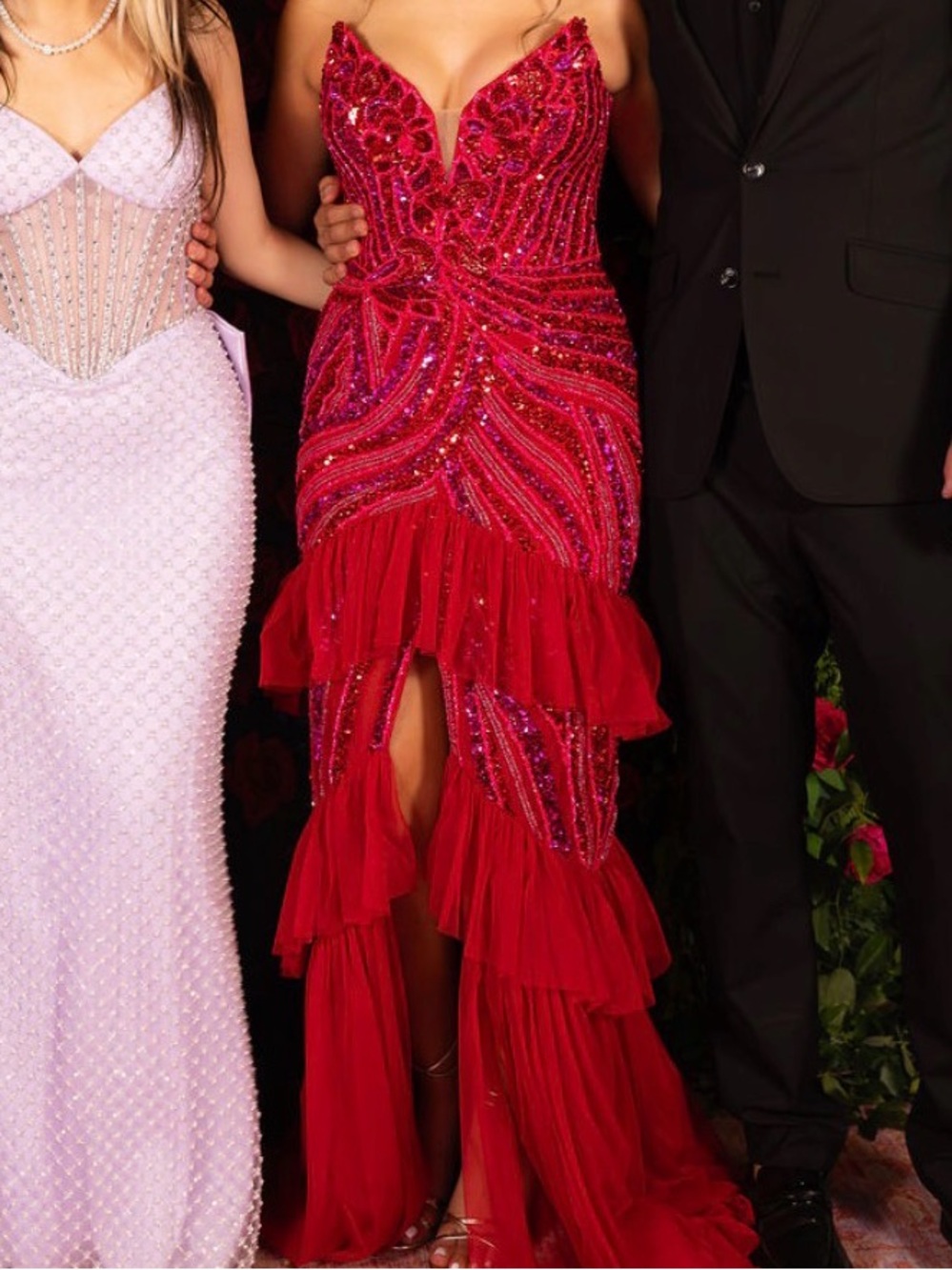 Red High-Low Ruffle Sequin Evening Dress